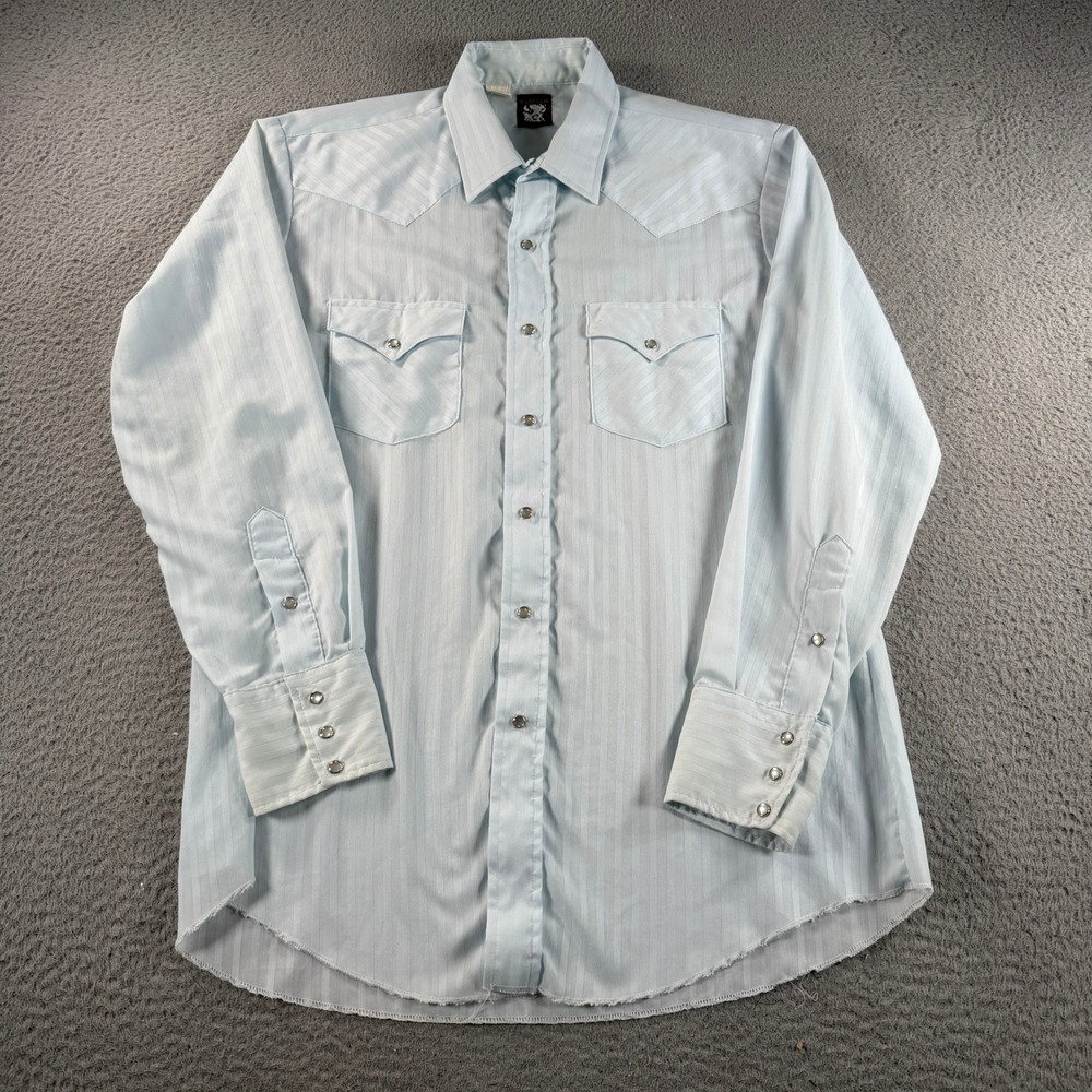 Vintage Karman Western Pearl Snap Shirt Mens Large Blue Long Sleeve Made In USA